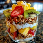 ['A close-up side view of a Tropical Granola Parfait with vibrant fruits layered in a clear glass.', 'A colorful Tropical Granola Parfait showcasing pineapple, strawberries, kiwi, and mango with yogurt and granola.', 'An inviting Tropical Granola Parfait displaying fresh fruits and layers of coconut yogurt and granola.', 'A delicious Tropical Granola Parfait featuring diced pineapple, strawberries, kiwi, and mango in a glass.']