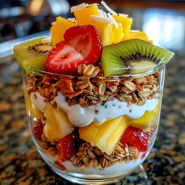 ['A close-up side view of a Tropical Granola Parfait with vibrant fruits layered in a clear glass.', 'A colorful Tropical Granola Parfait showcasing pineapple, strawberries, kiwi, and mango with yogurt and granola.', 'An inviting Tropical Granola Parfait displaying fresh fruits and layers of coconut yogurt and granola.', 'A delicious Tropical Granola Parfait featuring diced pineapple, strawberries, kiwi, and mango in a glass.']