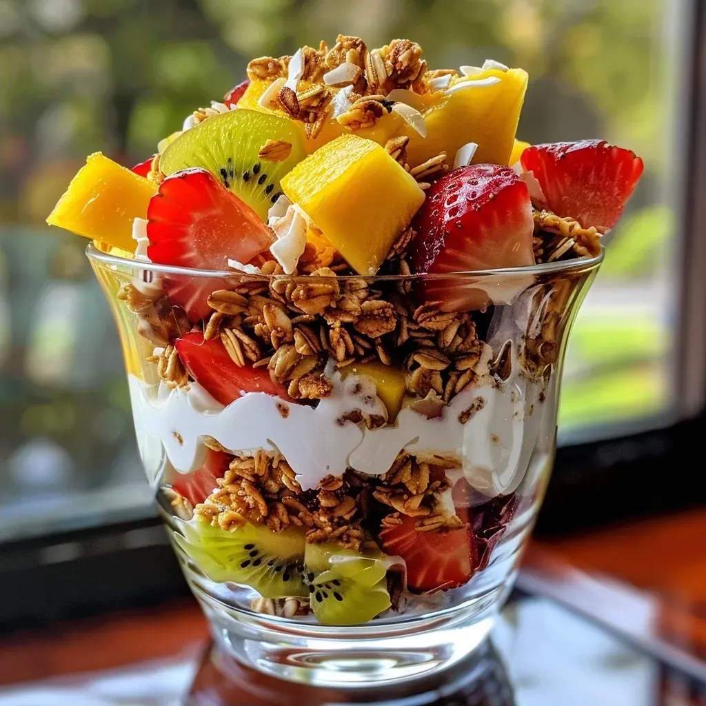 ['A close-up side view of a Tropical Granola Parfait with vibrant fruits layered in a clear glass.', 'A colorful Tropical Granola Parfait showcasing pineapple, strawberries, kiwi, and mango with yogurt and granola.', 'An inviting Tropical Granola Parfait displaying fresh fruits and layers of coconut yogurt and granola.', 'A delicious Tropical Granola Parfait featuring diced pineapple, strawberries, kiwi, and mango in a glass.']
