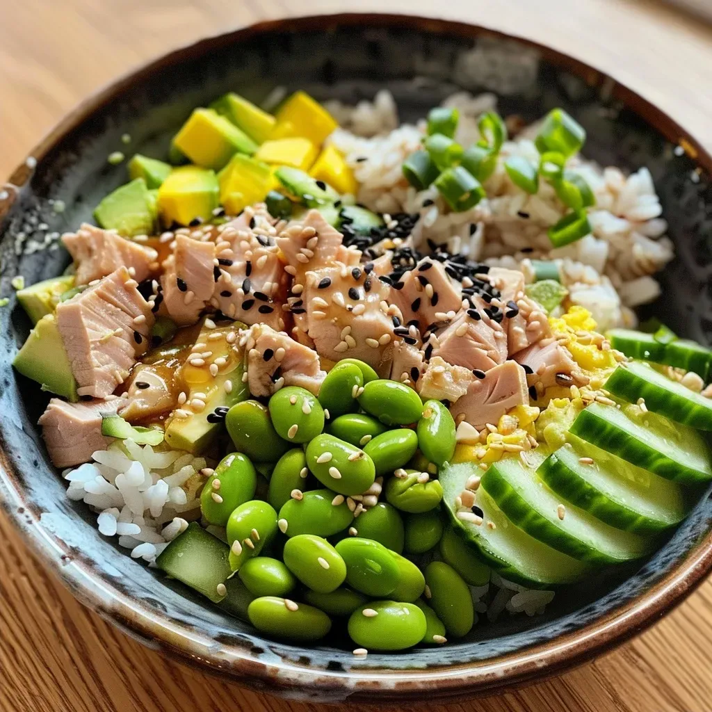 ['A close-up side view of a Tuna Mayo Rice Bowl with vibrant ingredients.', 'A detailed look at a Tuna Mayo Rice Bowl featuring layers of rice, tuna, and vegetables.', 'A Tuna Mayo Rice Bowl captured from a side angle showcasing fresh toppings.', 'A colorful Tuna Mayo Rice Bowl highlighting avocado, cucumber, and sesame seeds.']