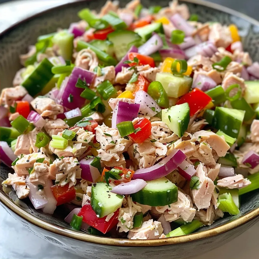 ['Close-up view of a colorful tuna salad with various fresh vegetables and hard-boiled eggs.', 'Side angle of a vibrant tuna salad featuring diced cucumbers, bell peppers, and onions.', 'Juicy tuna salad prepared with mayonnaise, garnished with slices of red onion and celery.', 'Freshly made tuna salad displaying a mix of vegetables and eggs, served in a bowl.']