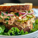 ['Close-up view of a juicy tuna sandwich stacked with fresh ingredients.', 'Side profile of a delicious tuna sandwich with lettuce and garnishes.', 'A vibrant tuna sandwich showcasing layers of tuna salad and vegetables.', 'Detailed shot of a hearty tuna sandwich on a rustic plate.']