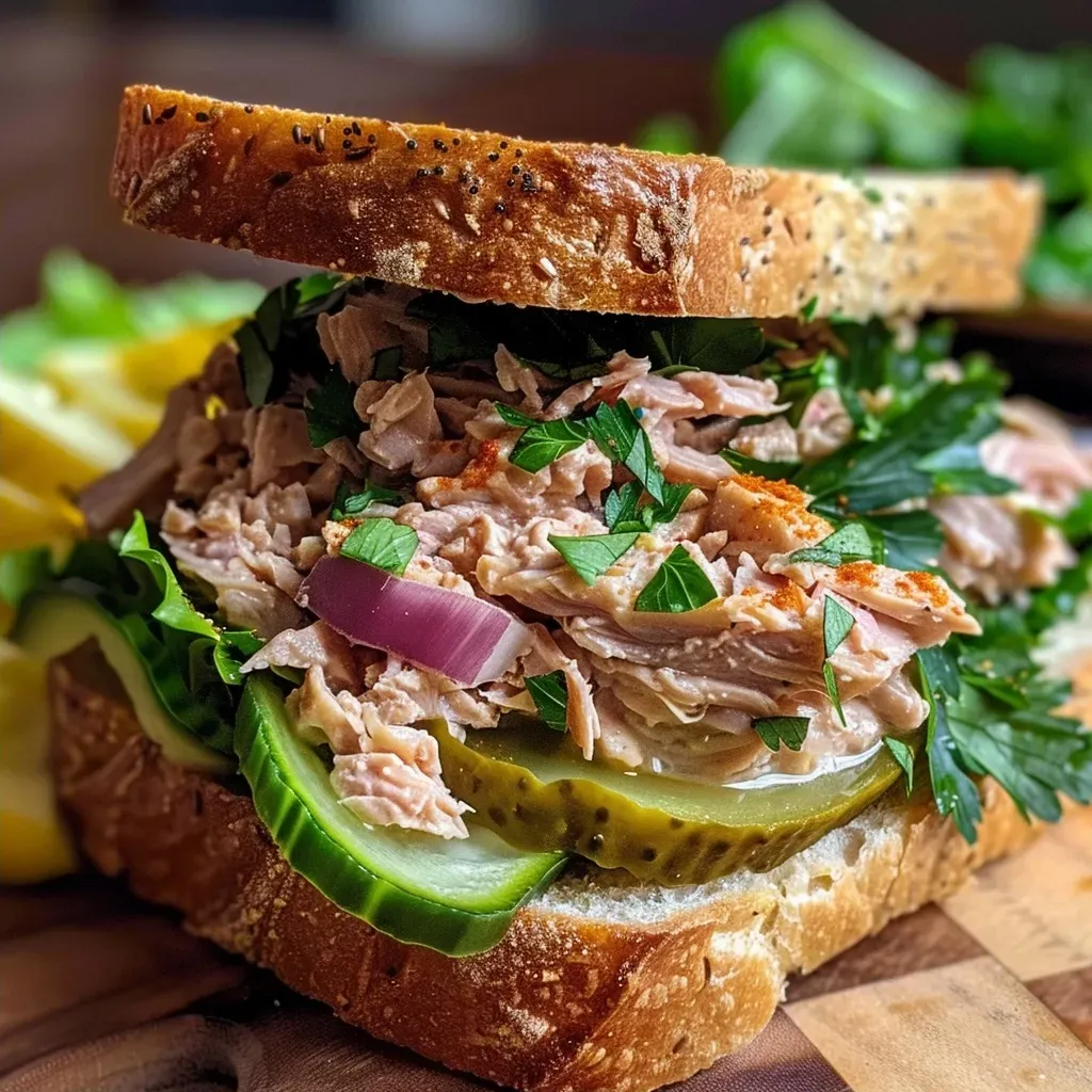 ['Close-up view of a juicy tuna sandwich stacked with fresh ingredients.', 'Side profile of a delicious tuna sandwich with lettuce and garnishes.', 'A vibrant tuna sandwich showcasing layers of tuna salad and vegetables.', 'Detailed shot of a hearty tuna sandwich on a rustic plate.']