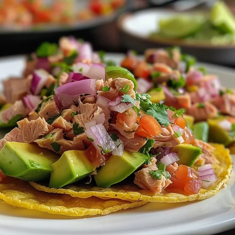 ['A close-up view of colorful tuna tostadas with avocado and toppings.', 'Side view of a delicious tuna tostada, showcasing fresh ingredients.', 'Juicy tuna tostadas stacked with avocado and cilantro on a plate.', 'Detail shot of vibrant tuna tostadas garnished with lime and onions.']