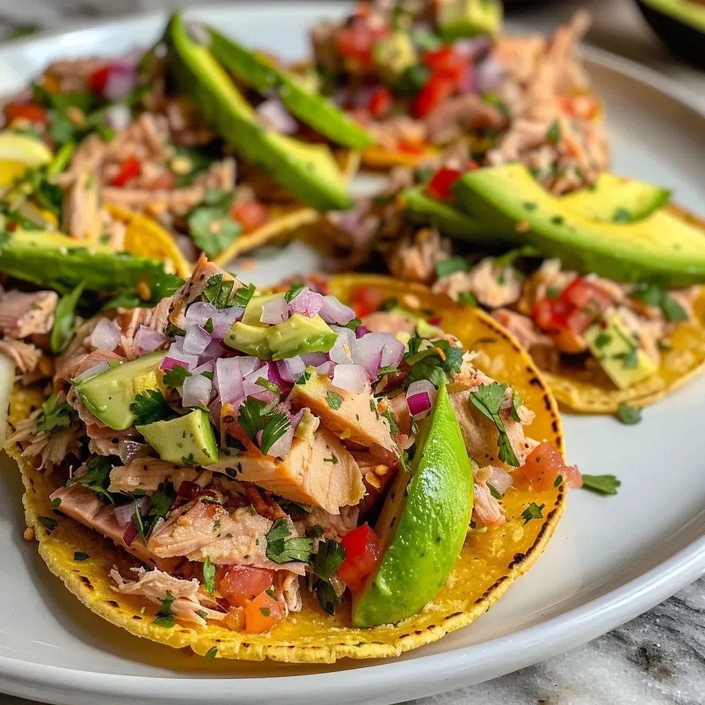 ['A close-up view of colorful tuna tostadas with avocado and toppings.', 'Side view of a delicious tuna tostada, showcasing fresh ingredients.', 'Juicy tuna tostadas stacked with avocado and cilantro on a plate.', 'Detail shot of vibrant tuna tostadas garnished with lime and onions.']