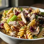 ['Close-up of Turkey and Cranberry Pasta Salad with creamy dressing.', 'Delicious Turkey and Cranberry Pasta Salad in a bowl, topped with fresh parsley.', 'Side view of a colorful pasta salad featuring turkey, cranberries, and poppy seed dressing.', 'Vibrant Turkey and Cranberry Pasta Salad displayed in a serving dish.']