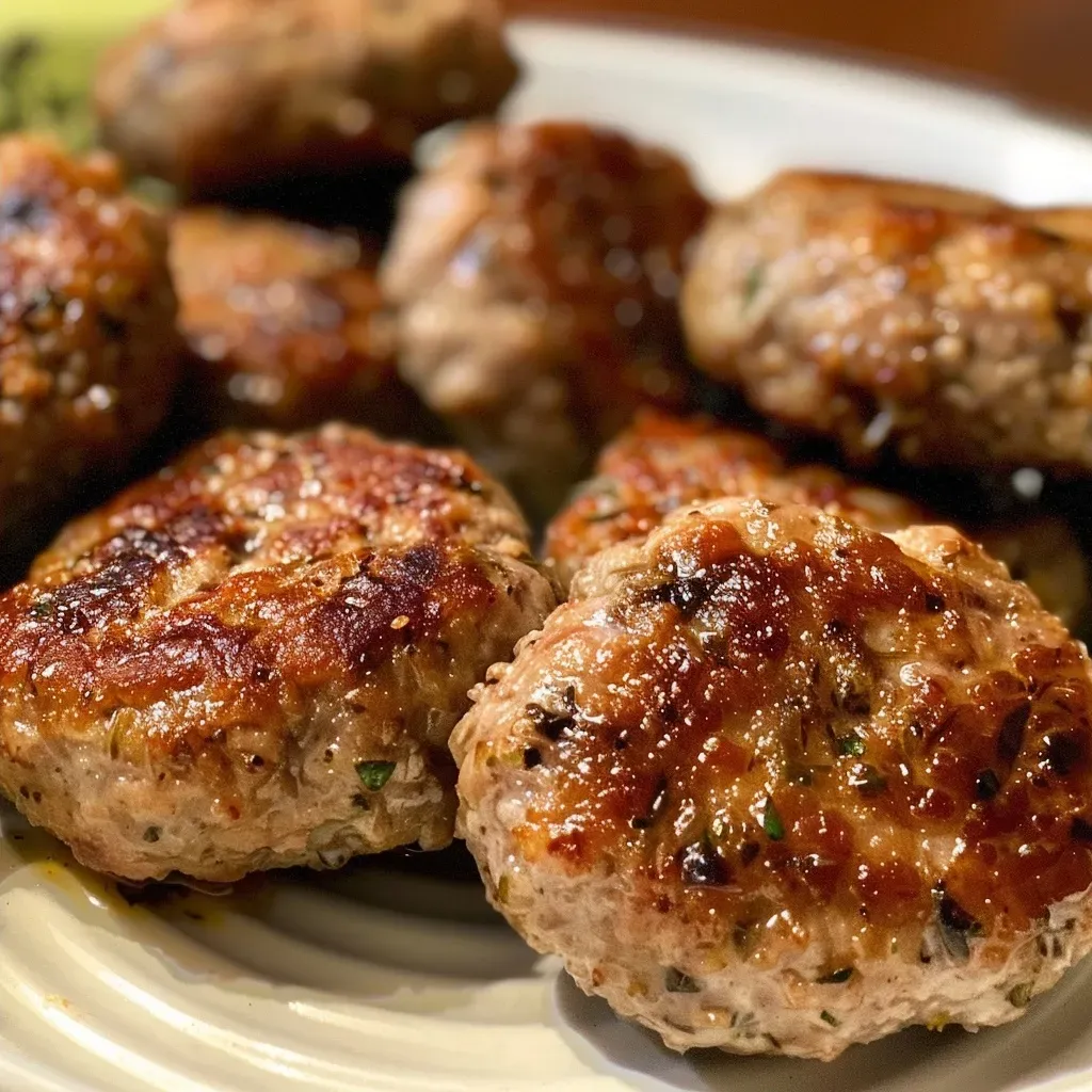 ['Close-up side view of a juicy Turkey Breakfast Sausage, showcasing its crispy texture.', 'Detailed shot of a Turkey Breakfast Sausage, highlighting its appealing brown color and juicy interior.', 'Artistic side view of a succulent Turkey Breakfast Sausage, emphasizing its deliciousness.', 'Close-up view of a Turkey Breakfast Sausage with a focus on its glistening surface.']