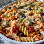 ['Close-up view of a Turkey Mediterranean Casserole with melted cheese and colorful vegetables.', 'Side view of a serving of Turkey Mediterranean Casserole, showcasing its layered ingredients and golden crust.', 'Juicy Turkey Mediterranean Casserole presented on a plate, highlighting pasta, turkey, and olives.', 'Detailed shot of Turkey Mediterranean Casserole, featuring a mix of cheese, pasta, and sun-dried tomatoes.']