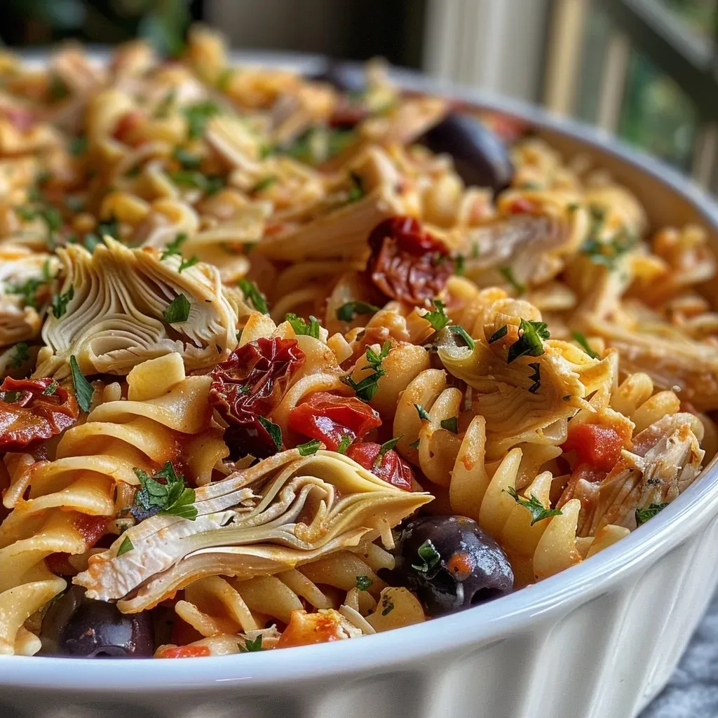 ['Close-up view of a Turkey Mediterranean Casserole with melted cheese and colorful vegetables.', 'Side view of a serving of Turkey Mediterranean Casserole, showcasing its layered ingredients and golden crust.', 'Juicy Turkey Mediterranean Casserole presented on a plate, highlighting pasta, turkey, and olives.', 'Detailed shot of Turkey Mediterranean Casserole, featuring a mix of cheese, pasta, and sun-dried tomatoes.']