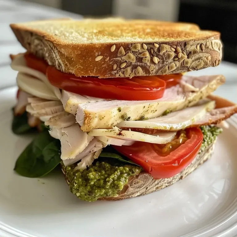 ['A close-up side view of a juicy Turkey Pesto Sandwich on crusty sourdough bread.', 'A succulent Turkey Pesto Sandwich showcasing layers of turkey, provolone, and fresh vegetables.', 'A detailed shot of a Turkey Pesto Sandwich with vibrant ingredients on a rustic table.', 'A side view of a delicious Turkey Pesto Sandwich featuring pesto, turkey, and fresh greens.']