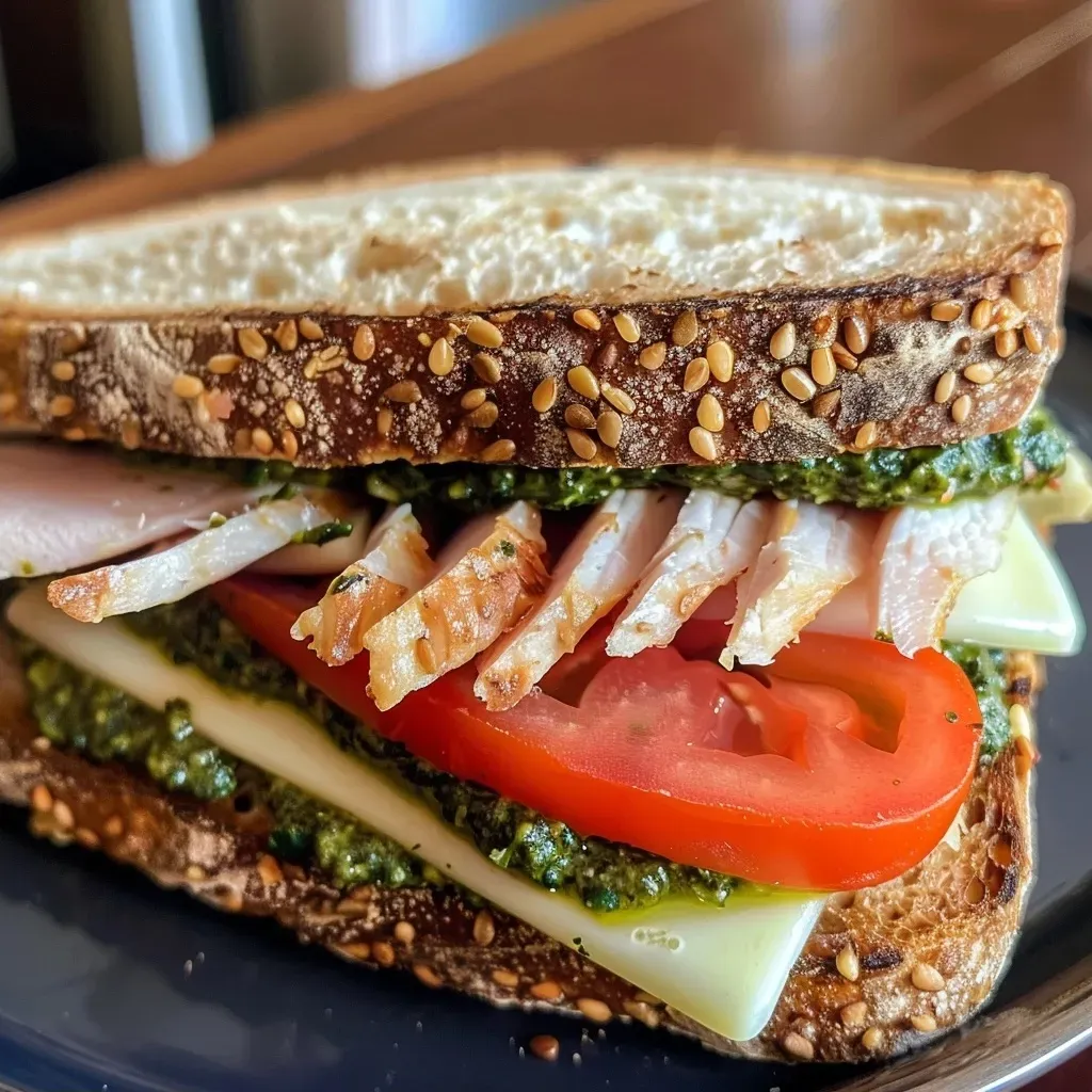 ['A close-up side view of a juicy Turkey Pesto Sandwich on crusty sourdough bread.', 'A succulent Turkey Pesto Sandwich showcasing layers of turkey, provolone, and fresh vegetables.', 'A detailed shot of a Turkey Pesto Sandwich with vibrant ingredients on a rustic table.', 'A side view of a delicious Turkey Pesto Sandwich featuring pesto, turkey, and fresh greens.']