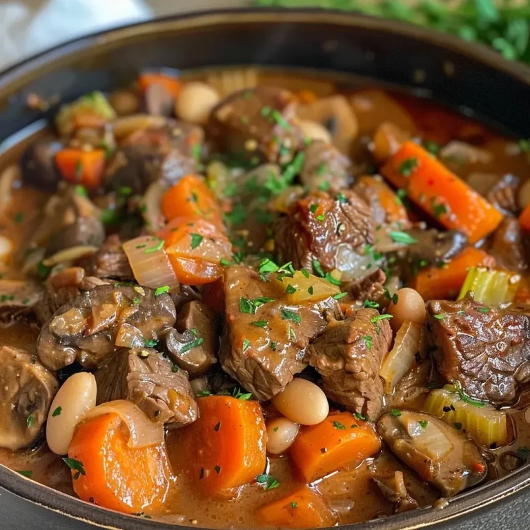 ['Close-up of a delicious Tuscan Beef Casserole featuring tender beef and vibrant vegetables.', 'Side view of Tuscan Beef Casserole showcasing layers of beef, beans, and colorful veggies.', 'Juicy Tuscan Beef Casserole with chunks of beef, carrots, and mushrooms visible in a bowl.', 'A hearty dish of Tuscan Beef Casserole highlighting fresh herbs and rich ingredients.']