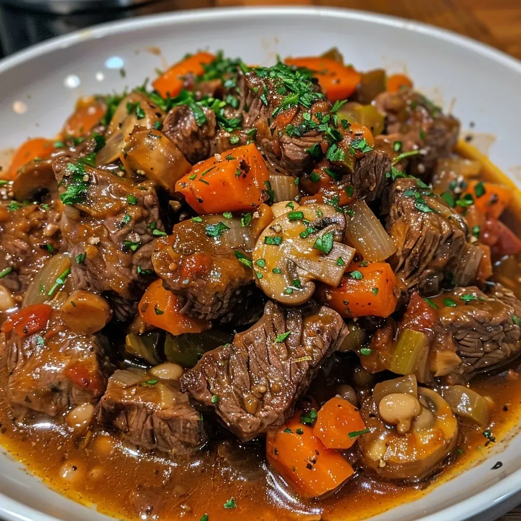 ['Close-up of a delicious Tuscan Beef Casserole featuring tender beef and vibrant vegetables.', 'Side view of Tuscan Beef Casserole showcasing layers of beef, beans, and colorful veggies.', 'Juicy Tuscan Beef Casserole with chunks of beef, carrots, and mushrooms visible in a bowl.', 'A hearty dish of Tuscan Beef Casserole highlighting fresh herbs and rich ingredients.']