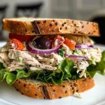 ['A Mediterranean Turkey Salad Sandwich with vibrant ingredients, captured in close-up from a side view.', 'Close-up of a juicy turkey salad sandwich featuring red onions, olives, and roasted red peppers.', 'Side view of a delicious sandwich loaded with Mediterranean turkey salad ingredients, showcasing fresh colors.', 'Detailed side view of a hearty Mediterranean Turkey Salad Sandwich with visible toppings and texture.']