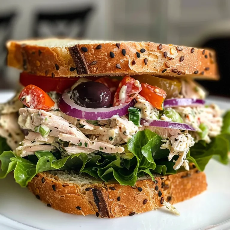 ['A Mediterranean Turkey Salad Sandwich with vibrant ingredients, captured in close-up from a side view.', 'Close-up of a juicy turkey salad sandwich featuring red onions, olives, and roasted red peppers.', 'Side view of a delicious sandwich loaded with Mediterranean turkey salad ingredients, showcasing fresh colors.', 'Detailed side view of a hearty Mediterranean Turkey Salad Sandwich with visible toppings and texture.']