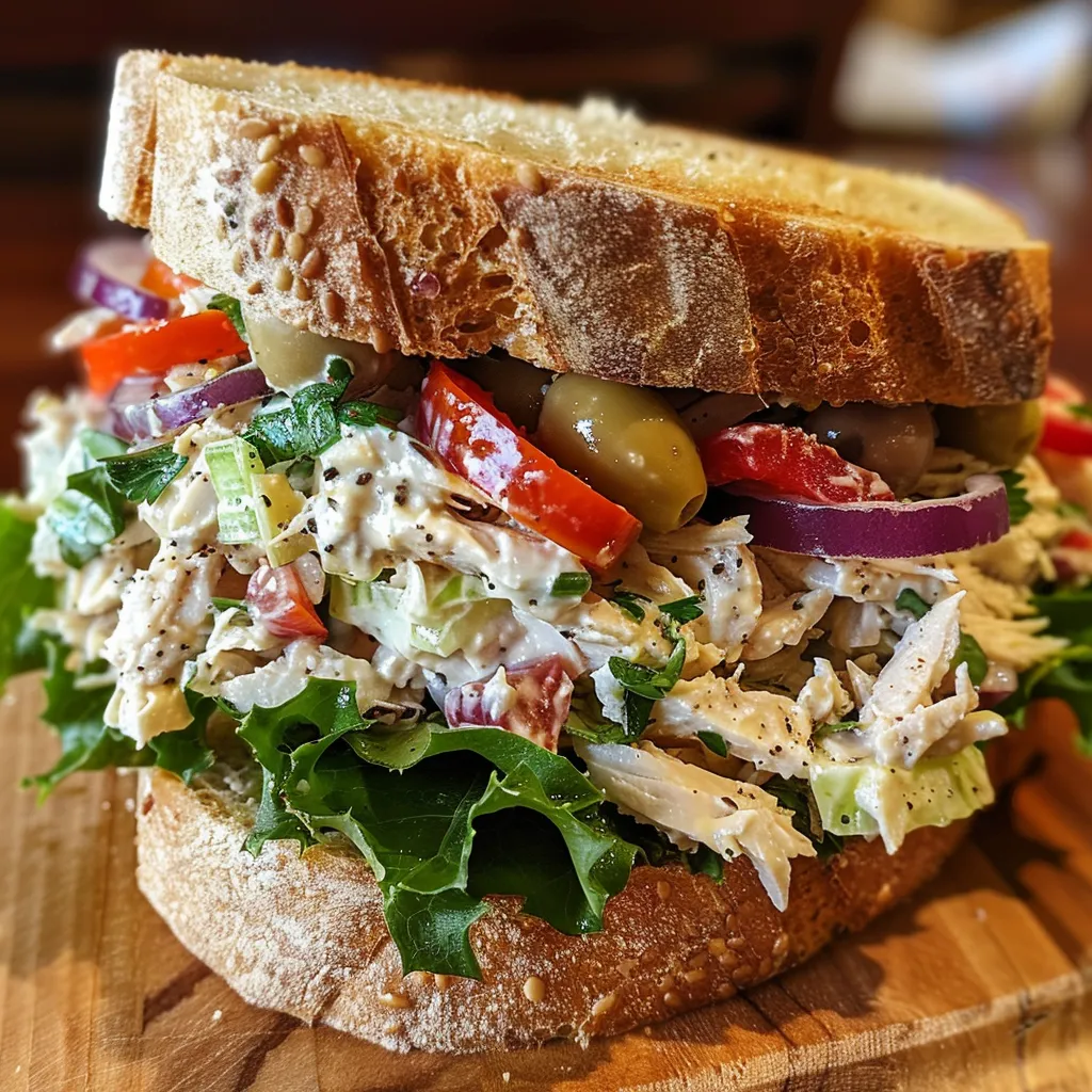 ['A Mediterranean Turkey Salad Sandwich with vibrant ingredients, captured in close-up from a side view.', 'Close-up of a juicy turkey salad sandwich featuring red onions, olives, and roasted red peppers.', 'Side view of a delicious sandwich loaded with Mediterranean turkey salad ingredients, showcasing fresh colors.', 'Detailed side view of a hearty Mediterranean Turkey Salad Sandwich with visible toppings and texture.']