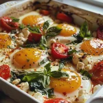 ['Close-up view of Mediterranean Baked Feta Eggs with spinach and cherry tomatoes.', 'A side view of a dish featuring baked eggs, feta cheese, and fresh vegetables.', 'Juicy Mediterranean Baked Feta Eggs served with vibrant spinach and tomatoes.', 'A delicious plate of baked eggs with feta, garnished with fresh basil.']