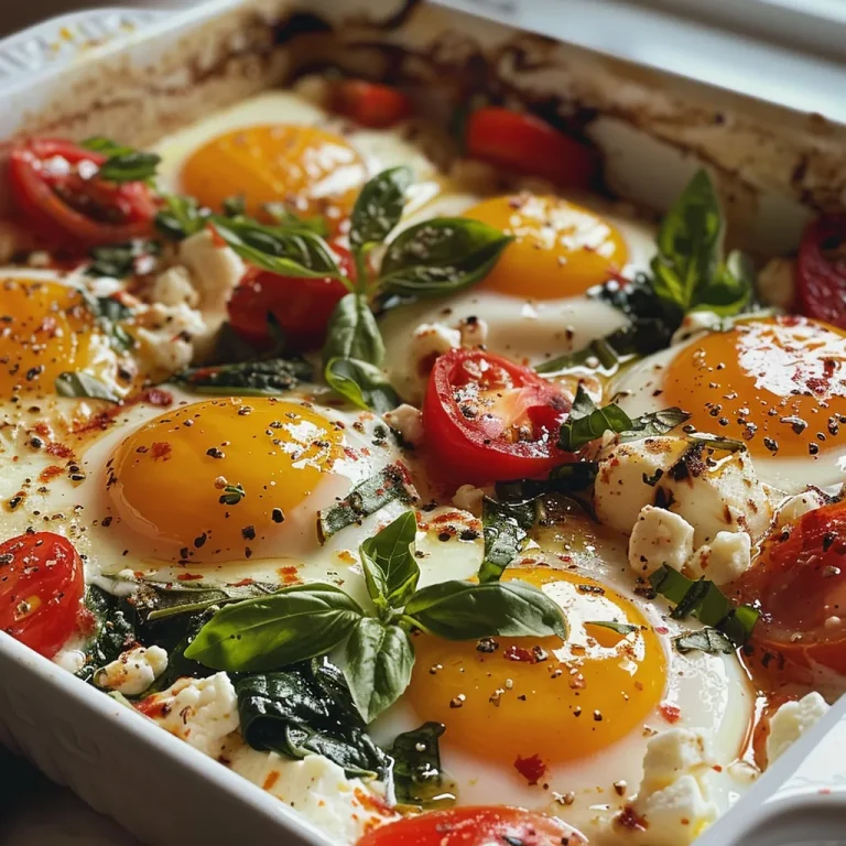 ['Close-up view of Mediterranean Baked Feta Eggs with spinach and cherry tomatoes.', 'A side view of a dish featuring baked eggs, feta cheese, and fresh vegetables.', 'Juicy Mediterranean Baked Feta Eggs served with vibrant spinach and tomatoes.', 'A delicious plate of baked eggs with feta, garnished with fresh basil.']
