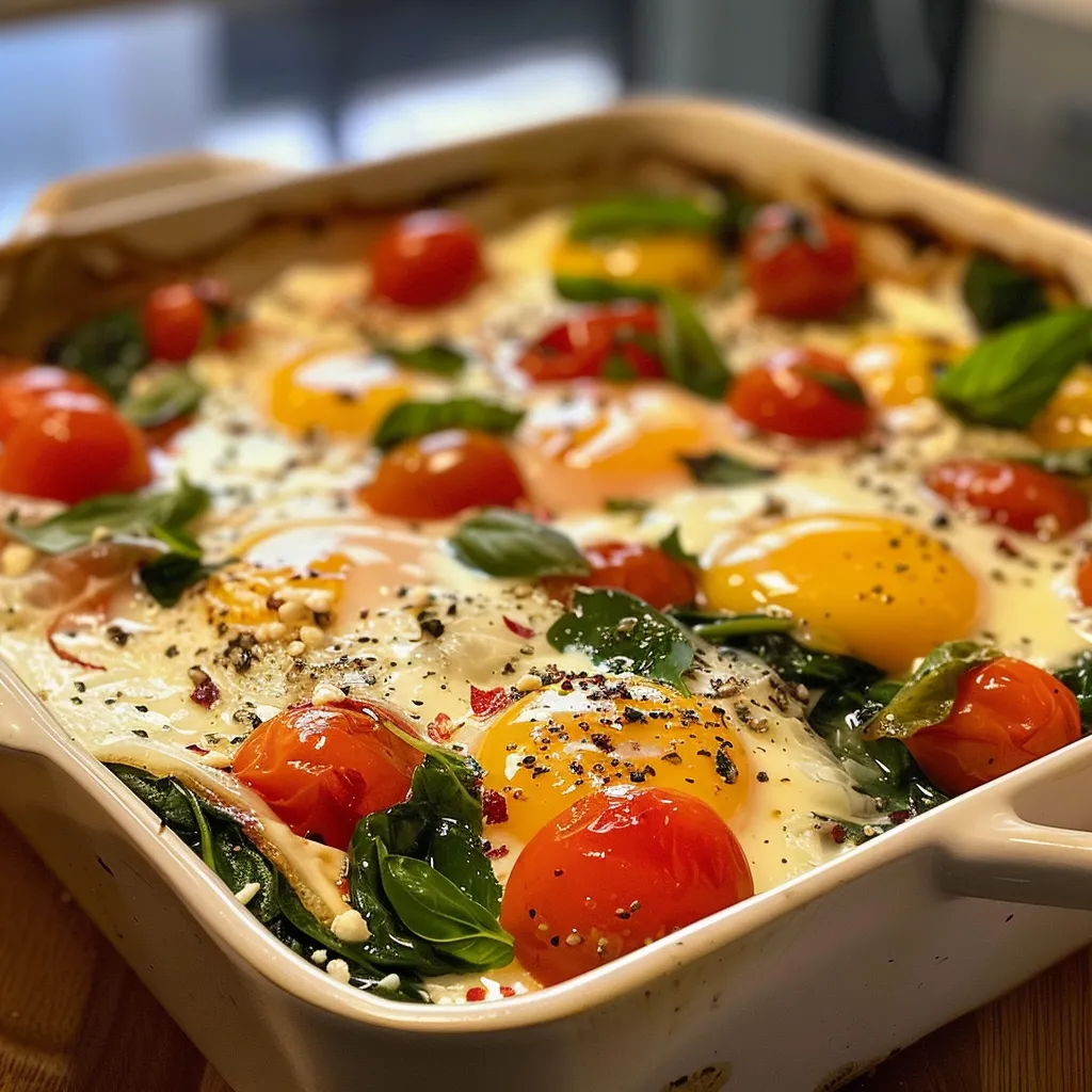 ['Close-up view of Mediterranean Baked Feta Eggs with spinach and cherry tomatoes.', 'A side view of a dish featuring baked eggs, feta cheese, and fresh vegetables.', 'Juicy Mediterranean Baked Feta Eggs served with vibrant spinach and tomatoes.', 'A delicious plate of baked eggs with feta, garnished with fresh basil.']