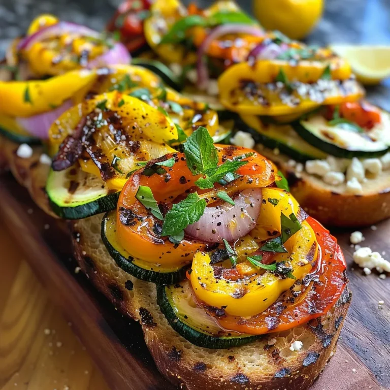 ['Close-up of grilled vegetable toast featuring zucchini, bell peppers, and red onion.', 'Side view of delicious grilled vegetable toast topped with goat cheese and fresh mint.', 'Colorful grilled vegetable toast with layers of zucchini, peppers, and onion on sourdough.', 'Juicy grilled vegetable toast garnished with cottage cheese and red pepper flakes.']