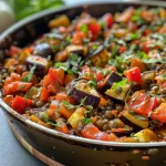 ['A close-up side view of a vibrant Tomato-Lentil Ratatouille Skillet filled with colorful vegetables.', 'Juicy Tomato-Lentil Ratatouille in a skillet, showcasing diced veggies and lentils glistening with olive oil.', 'Close-up of a skillet filled with Tomato-Lentil Ratatouille featuring cubed tomatoes, zucchini, and eggplant.', 'A detailed view of a ratatouille dish in a skillet, highlighting the mix of fresh vegetables and lentils.']