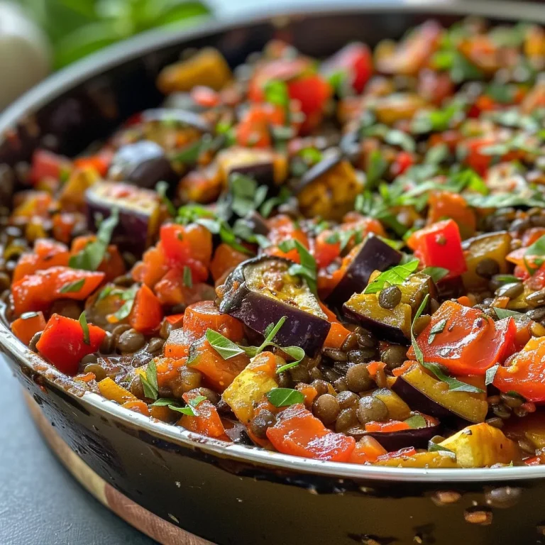 ['A close-up side view of a vibrant Tomato-Lentil Ratatouille Skillet filled with colorful vegetables.', 'Juicy Tomato-Lentil Ratatouille in a skillet, showcasing diced veggies and lentils glistening with olive oil.', 'Close-up of a skillet filled with Tomato-Lentil Ratatouille featuring cubed tomatoes, zucchini, and eggplant.', 'A detailed view of a ratatouille dish in a skillet, highlighting the mix of fresh vegetables and lentils.']