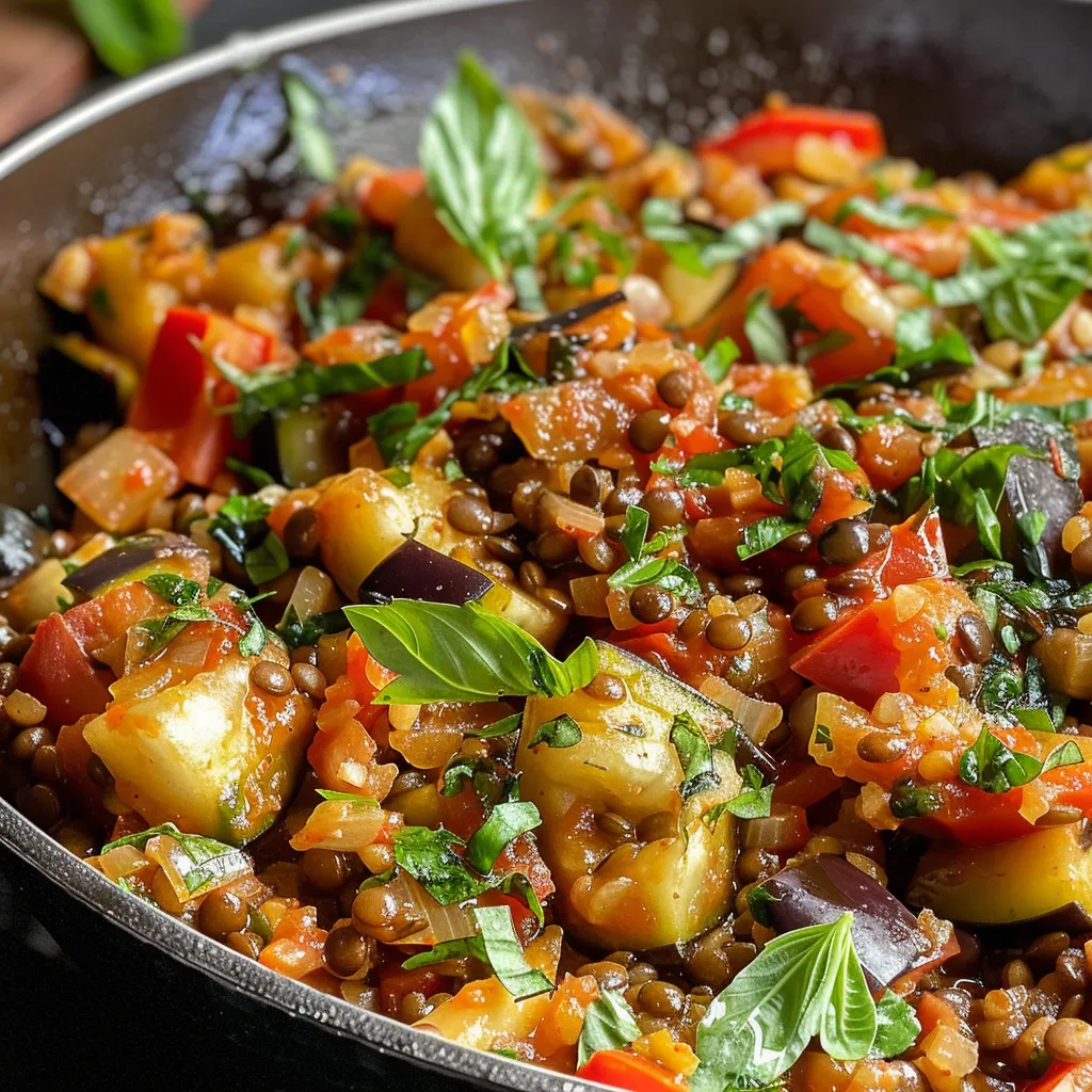 ['A close-up side view of a vibrant Tomato-Lentil Ratatouille Skillet filled with colorful vegetables.', 'Juicy Tomato-Lentil Ratatouille in a skillet, showcasing diced veggies and lentils glistening with olive oil.', 'Close-up of a skillet filled with Tomato-Lentil Ratatouille featuring cubed tomatoes, zucchini, and eggplant.', 'A detailed view of a ratatouille dish in a skillet, highlighting the mix of fresh vegetables and lentils.']