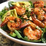 ['A vibrant Citrus Shrimp and Avocado Salad arranged on a plate, showcasing shrimp, greens, and sliced avocado.', 'Close-up view of a fresh salad with pan-seared shrimp, almond slices, and greens, garnished with lemon and avocado.', 'Colorful bowl of Citrus Shrimp and Avocado Salad filled with greens, shrimp, and toasted almonds.', 'A delicious salad featuring juicy shrimp, avocado slices, and greens, drizzled with olive oil and citrus juice.']