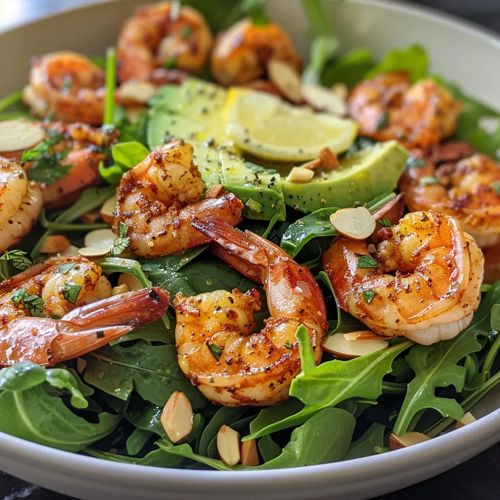 ['A vibrant Citrus Shrimp and Avocado Salad arranged on a plate, showcasing shrimp, greens, and sliced avocado.', 'Close-up view of a fresh salad with pan-seared shrimp, almond slices, and greens, garnished with lemon and avocado.', 'Colorful bowl of Citrus Shrimp and Avocado Salad filled with greens, shrimp, and toasted almonds.', 'A delicious salad featuring juicy shrimp, avocado slices, and greens, drizzled with olive oil and citrus juice.']