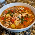 ['Close-up view of Mediterranean Tuna Soup with beans and vegetables in a bowl.', 'Side angle of a vibrant Mediterranean Tuna Soup with white beans and garnishes.', 'A delicious bowl of Mediterranean Tuna Soup featuring tomatoes and herbs.', 'Colorful Mediterranean Tuna Soup with chunks of tuna, white beans, and spices.']