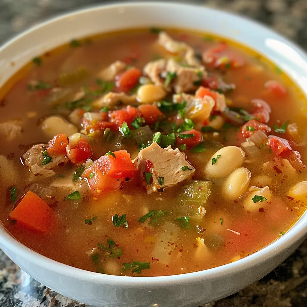 ['Close-up view of Mediterranean Tuna Soup with beans and vegetables in a bowl.', 'Side angle of a vibrant Mediterranean Tuna Soup with white beans and garnishes.', 'A delicious bowl of Mediterranean Tuna Soup featuring tomatoes and herbs.', 'Colorful Mediterranean Tuna Soup with chunks of tuna, white beans, and spices.']