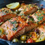 ['Close-up of Mediterranean Salmon skillet featuring salmon fillets, cherry tomatoes, and fennel.', 'Juicy salmon dish in a skillet surrounded by colorful cherry tomatoes and vibrant green olives.', 'Side view of a one-pan Mediterranean salmon meal, showcasing fresh ingredients and garnishes.', "A skillet filled with cooked salmon, couscous, and vegetables, highlighting the dish's textures."]