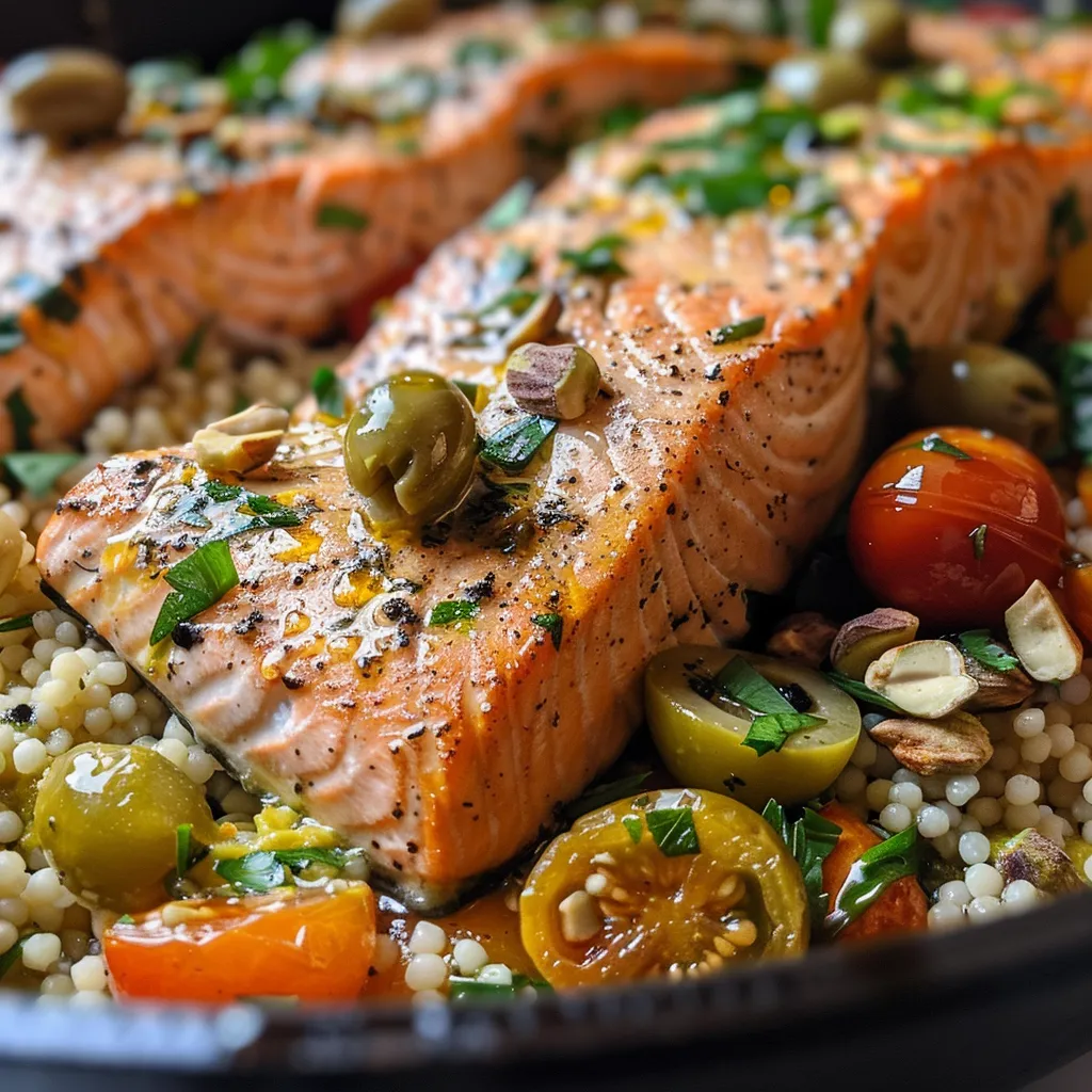 ['Close-up of Mediterranean Salmon skillet featuring salmon fillets, cherry tomatoes, and fennel.', 'Juicy salmon dish in a skillet surrounded by colorful cherry tomatoes and vibrant green olives.', 'Side view of a one-pan Mediterranean salmon meal, showcasing fresh ingredients and garnishes.', 