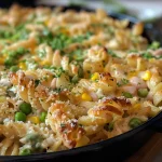 ['Close-up view of a creamy tuna pasta bake topped with melted cheese and vibrant vegetables.', 'Side view of a healthy creamy tuna pasta bake in a baking dish, showcasing pasta, tuna, and colorful vegetables.', 'Delicious creamy tuna pasta bake presented in a rustic dish, featuring peas, corn, and melted cheese on top.', 'Tantalizing creamy tuna pasta bake with a golden crust, surrounded by fresh spinach and spring onions.']