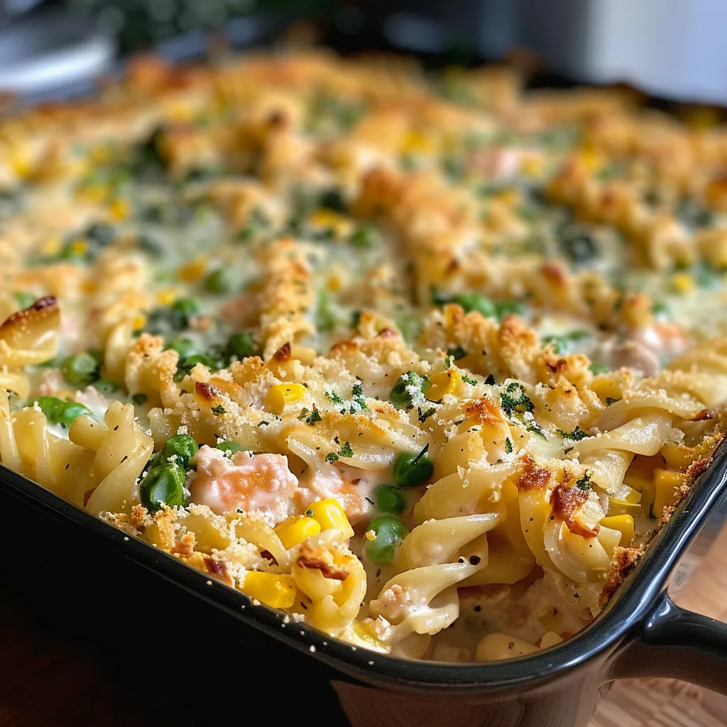 ['Close-up view of a creamy tuna pasta bake topped with melted cheese and vibrant vegetables.', 'Side view of a healthy creamy tuna pasta bake in a baking dish, showcasing pasta, tuna, and colorful vegetables.', 'Delicious creamy tuna pasta bake presented in a rustic dish, featuring peas, corn, and melted cheese on top.', 'Tantalizing creamy tuna pasta bake with a golden crust, surrounded by fresh spinach and spring onions.']
