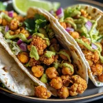 ['Close-up of a vibrant wrap filled with chili lime chickpeas and cauliflower.', 'Side view of a delicious chickpea cauliflower wrap with fresh ingredients.', 'Juicy wrap showcasing lime-flavored chickpeas and cauliflower with greens.', 'Colorful chili lime chickpea cauliflower wraps garnished with cilantro.']