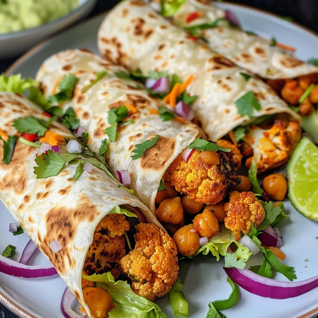 ['Close-up of a vibrant wrap filled with chili lime chickpeas and cauliflower.', 'Side view of a delicious chickpea cauliflower wrap with fresh ingredients.', 'Juicy wrap showcasing lime-flavored chickpeas and cauliflower with greens.', 'Colorful chili lime chickpea cauliflower wraps garnished with cilantro.']