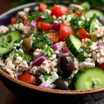 ['Close-up view of a Mediterranean Tuna Cottage Cheese Salad with colorful ingredients.', 'Side view of a fresh salad featuring tuna, cottage cheese, and vibrant vegetables.', 'Detailed image showing a healthy Mediterranean salad with tuna and fresh herbs.', 'Juicy Mediterranean salad with tuna, cottage cheese, and a variety of chopped vegetables.']
