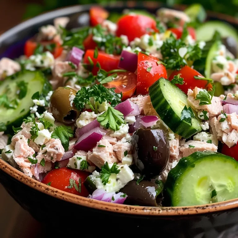 ['Close-up view of a Mediterranean Tuna Cottage Cheese Salad with colorful ingredients.', 'Side view of a fresh salad featuring tuna, cottage cheese, and vibrant vegetables.', 'Detailed image showing a healthy Mediterranean salad with tuna and fresh herbs.', 'Juicy Mediterranean salad with tuna, cottage cheese, and a variety of chopped vegetables.']