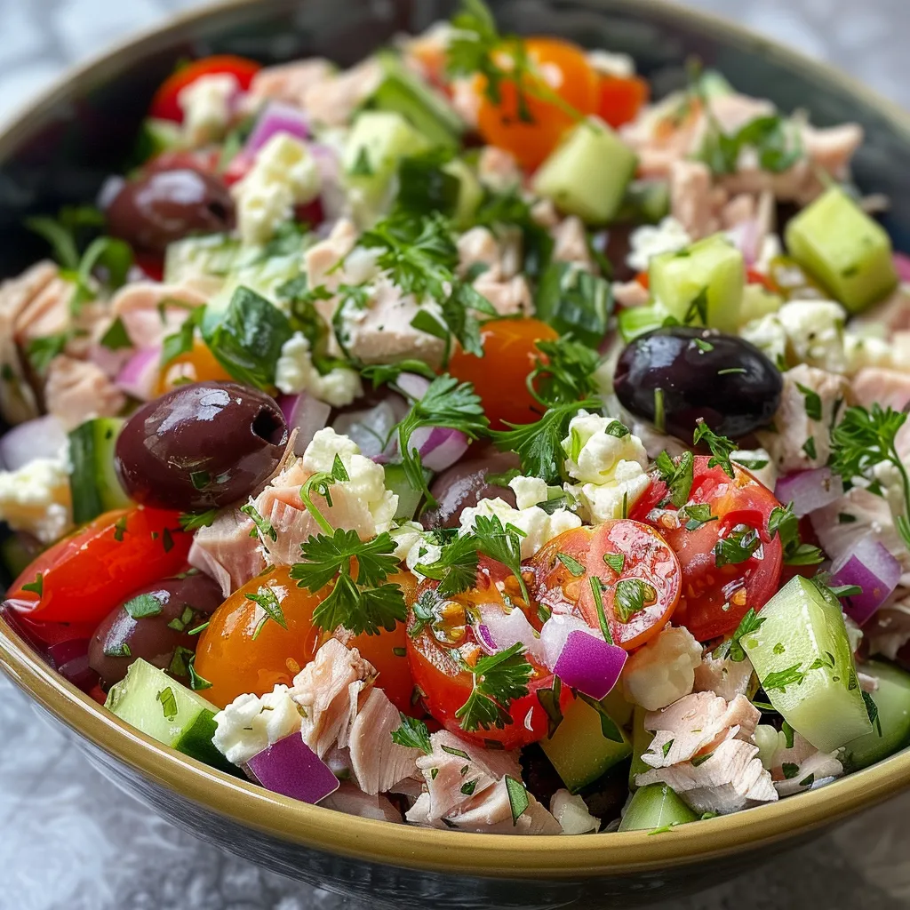 ['Close-up view of a Mediterranean Tuna Cottage Cheese Salad with colorful ingredients.', 'Side view of a fresh salad featuring tuna, cottage cheese, and vibrant vegetables.', 'Detailed image showing a healthy Mediterranean salad with tuna and fresh herbs.', 'Juicy Mediterranean salad with tuna, cottage cheese, and a variety of chopped vegetables.']