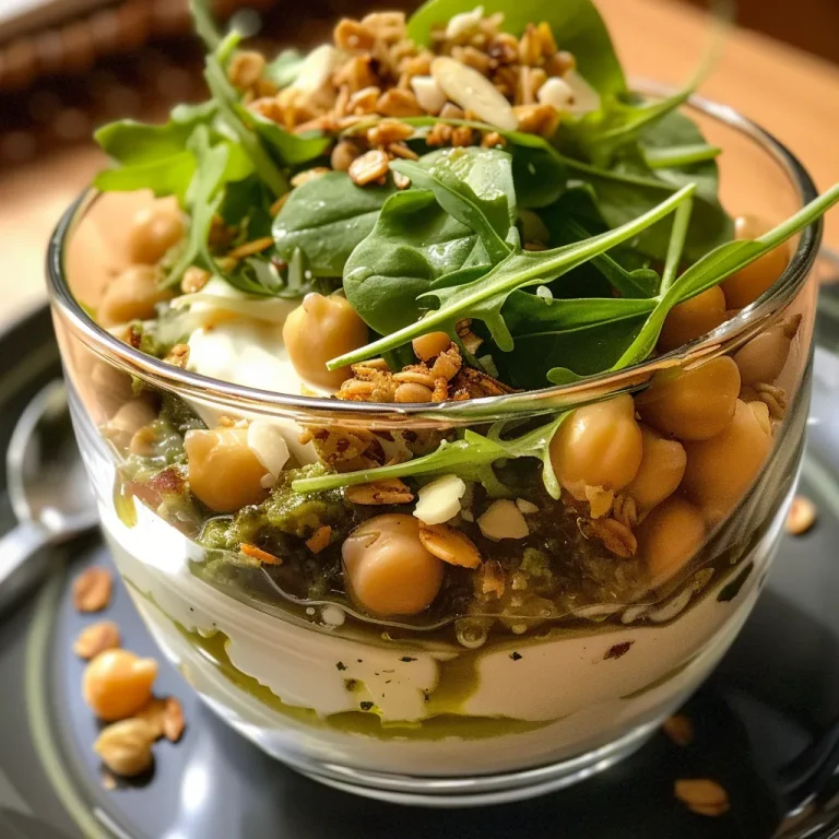 ['Close-up view of a layered yogurt parfait with a vibrant pesto sauce and chickpeas.', 'Side view of a Savory Pesto Chickpea Yogurt Parfait showcasing green arugula and granola layers.', 'Detailed image of a yogurt parfait featuring Greek yogurt, chickpeas, and a rich pesto topping.', 'Close-up shot of a colorful parfait made with chickpeas, yogurt, and fresh greens.']