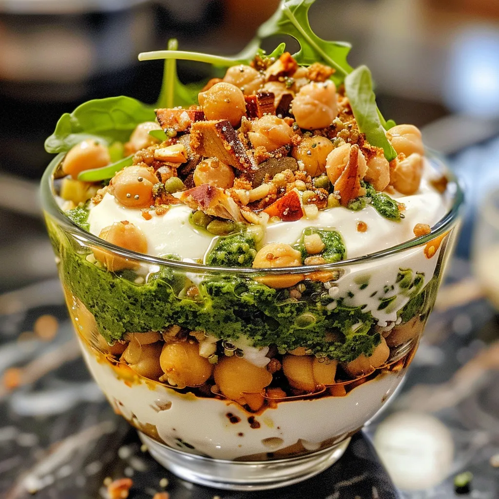 ['Close-up view of a layered yogurt parfait with a vibrant pesto sauce and chickpeas.', 'Side view of a Savory Pesto Chickpea Yogurt Parfait showcasing green arugula and granola layers.', 'Detailed image of a yogurt parfait featuring Greek yogurt, chickpeas, and a rich pesto topping.', 'Close-up shot of a colorful parfait made with chickpeas, yogurt, and fresh greens.']