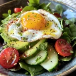 ['Close-up view of a vibrant breakfast salad featuring mixed greens, sliced avocado, and a poached egg.', 'A fresh breakfast salad with baby greens, cherry tomatoes, cucumber, and a soft-boiled egg on top.', 'An appetizing breakfast salad showing a variety of greens, avocado slices, and a perfectly cooked egg.', 'Side view of a colorful breakfast salad with baby kale, arugula, and egg, garnished with pumpkin seeds.']