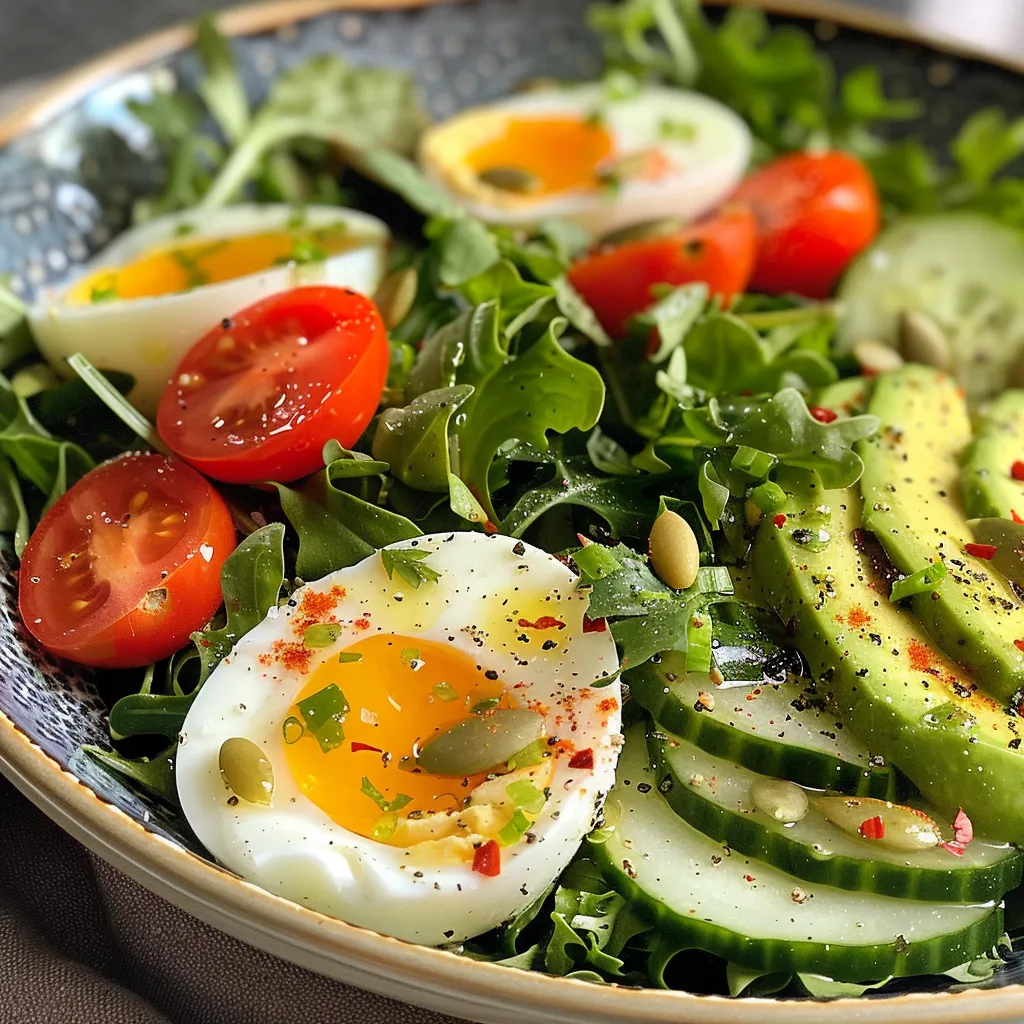 ['Close-up view of a vibrant breakfast salad featuring mixed greens, sliced avocado, and a poached egg.', 'A fresh breakfast salad with baby greens, cherry tomatoes, cucumber, and a soft-boiled egg on top.', 'An appetizing breakfast salad showing a variety of greens, avocado slices, and a perfectly cooked egg.', 'Side view of a colorful breakfast salad with baby kale, arugula, and egg, garnished with pumpkin seeds.']