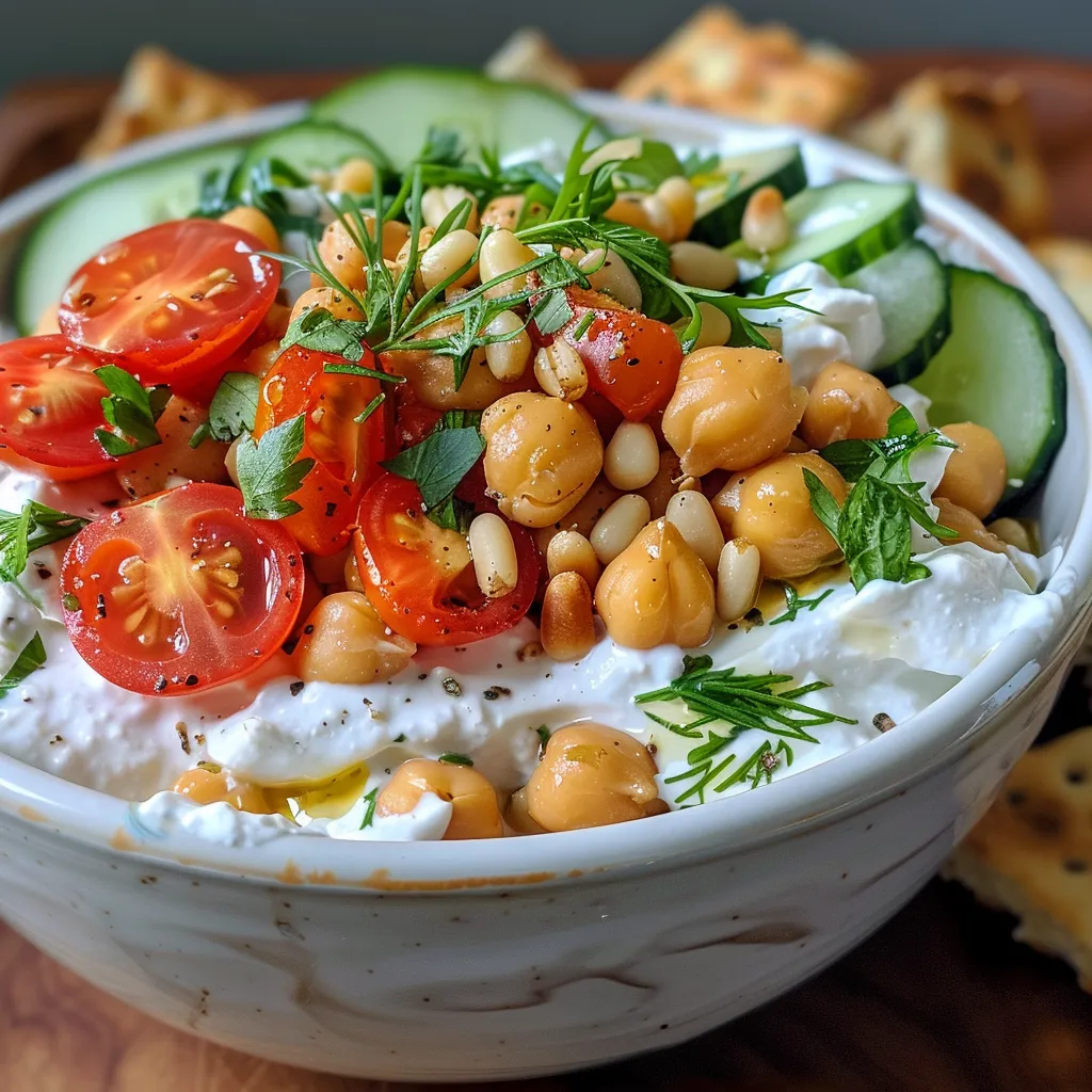 ['Close-up view of a Mediterranean Chickpea Yogurt Snack Cup with colorful ingredients.', 'Side shot of a vibrant Mediterranean Chickpea Yogurt Snack Cup featuring layers of yogurt and vegetables.', 'Detailed image of a Mediterranean snack cup showcasing chickpeas, yogurt, and fresh vegetables.', 'Close-up of a healthy Mediterranean Chickpea Yogurt Snack Cup with toppings and crispbreads.']