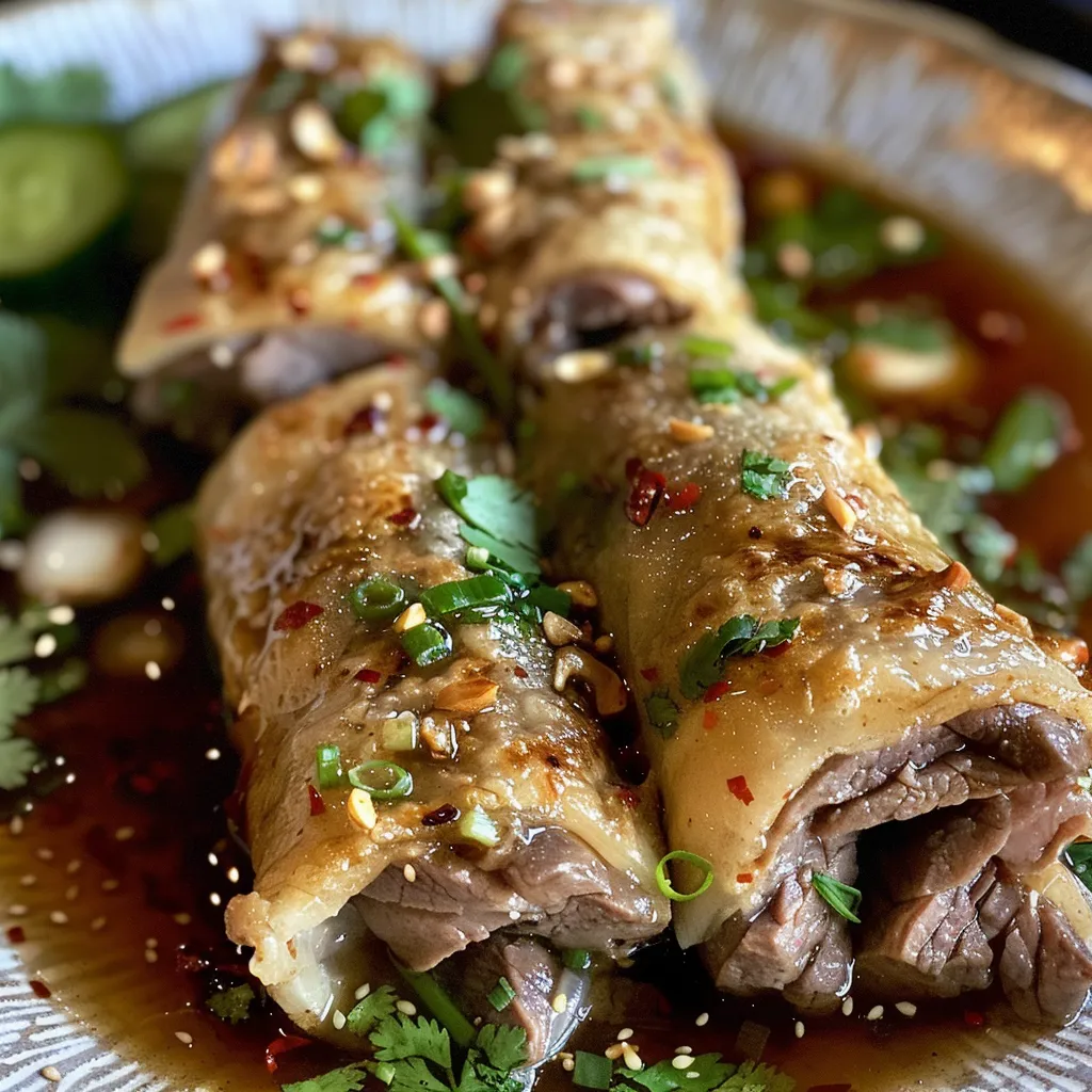 ['Close-up view of juicy Chinese green onion pancake beef rolls, showcasing layers and fillings.', 'Side view of delicious beef rolls wrapped in crispy green onion pancakes.', 'Detailed image of golden-brown pancakes filled with savory beef, garnished with green onions.', 'Close-up of a beef roll with visible textures and vibrant green onion pieces.']