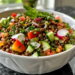 ['A close-up of a colorful Mediterranean lentil salad featuring vibrant vegetables and herbs.', 'A side view of a fresh Mediterranean lentil salad, showcasing green lentils mixed with diced cucumber and peppers.', 'An appetizing Mediterranean lentil salad with a variety of chopped vegetables and herbs, served in a bowl.', 'A detailed view of a nutritious Mediterranean lentil salad, highlighting the fresh ingredients and textures.']