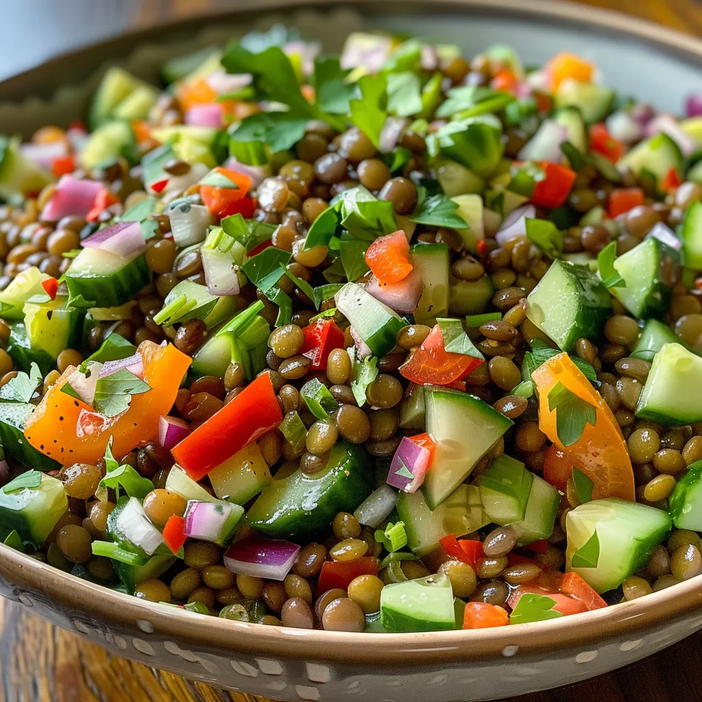 ['A close-up of a colorful Mediterranean lentil salad featuring vibrant vegetables and herbs.', 'A side view of a fresh Mediterranean lentil salad, showcasing green lentils mixed with diced cucumber and peppers.', 'An appetizing Mediterranean lentil salad with a variety of chopped vegetables and herbs, served in a bowl.', 'A detailed view of a nutritious Mediterranean lentil salad, highlighting the fresh ingredients and textures.']
