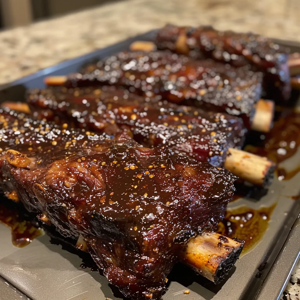 ['Close-up view of succulent Five Spice BBQ beef ribs on a plate.', 'Juicy beef short ribs seasoned with Chinese Five Spice, displayed side view.', 'Deliciously glazed beef ribs, showcasing rich color and texture.', 'Appetizing bone-in beef ribs with a glossy BBQ sauce visible.']