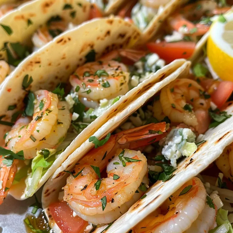 ['Close-up view of Mediterranean shrimp tacos with tzatziki sauce, served with lemon wedges.', 'A side view of juicy shrimp tacos topped with lettuce and tomato, accompanied by tzatziki and lemon slices.', 'Delicious Mediterranean shrimp tacos on a plate, featuring fresh ingredients and tzatziki sauce.', 'A vibrant display of shrimp tacos with tzatziki, garnished with lettuce and tomato, ready to eat.']